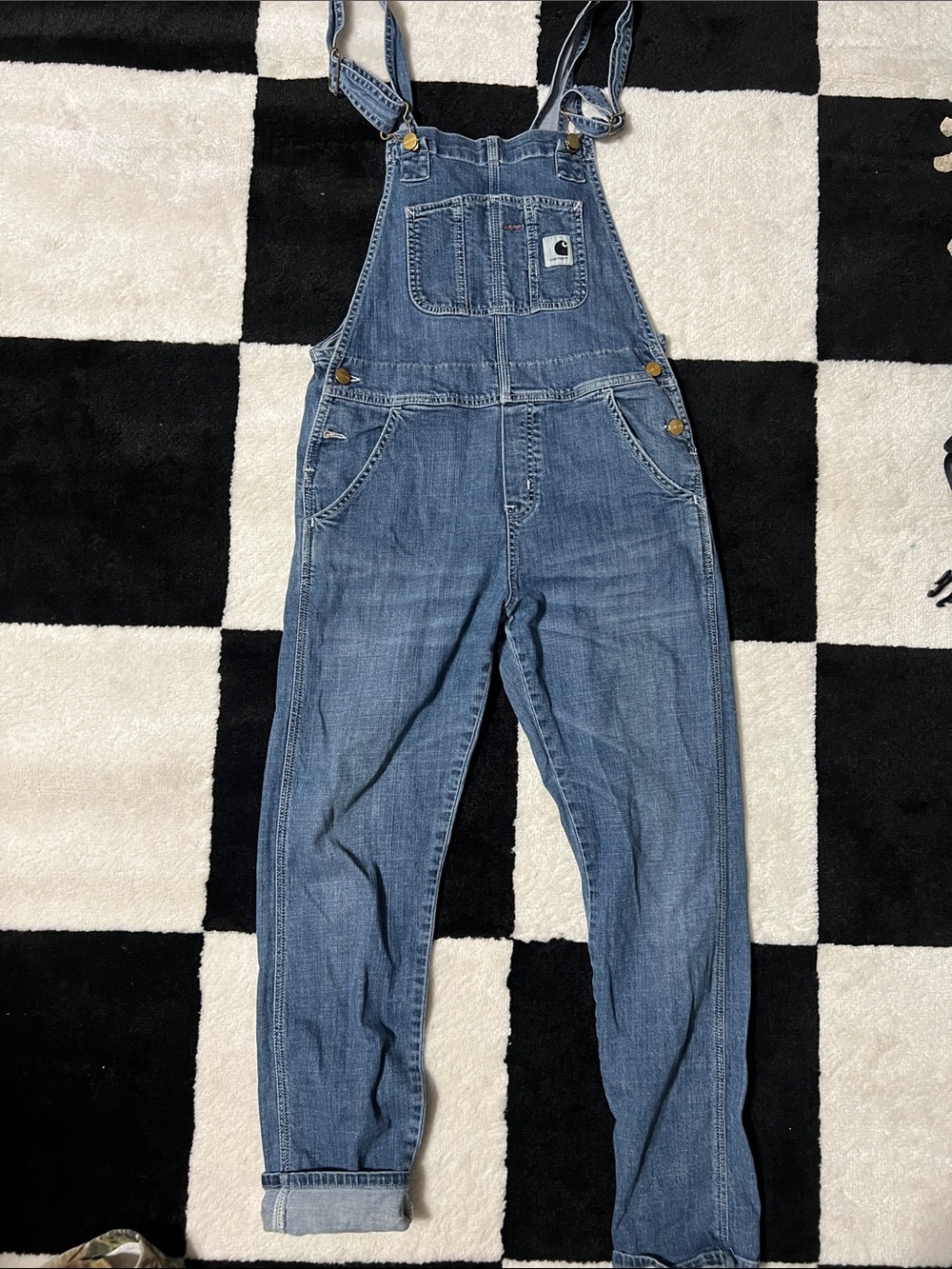 Carhartt women’s Blue Denim Bib Overalls with Brass Hardware - Picture 2 of 5